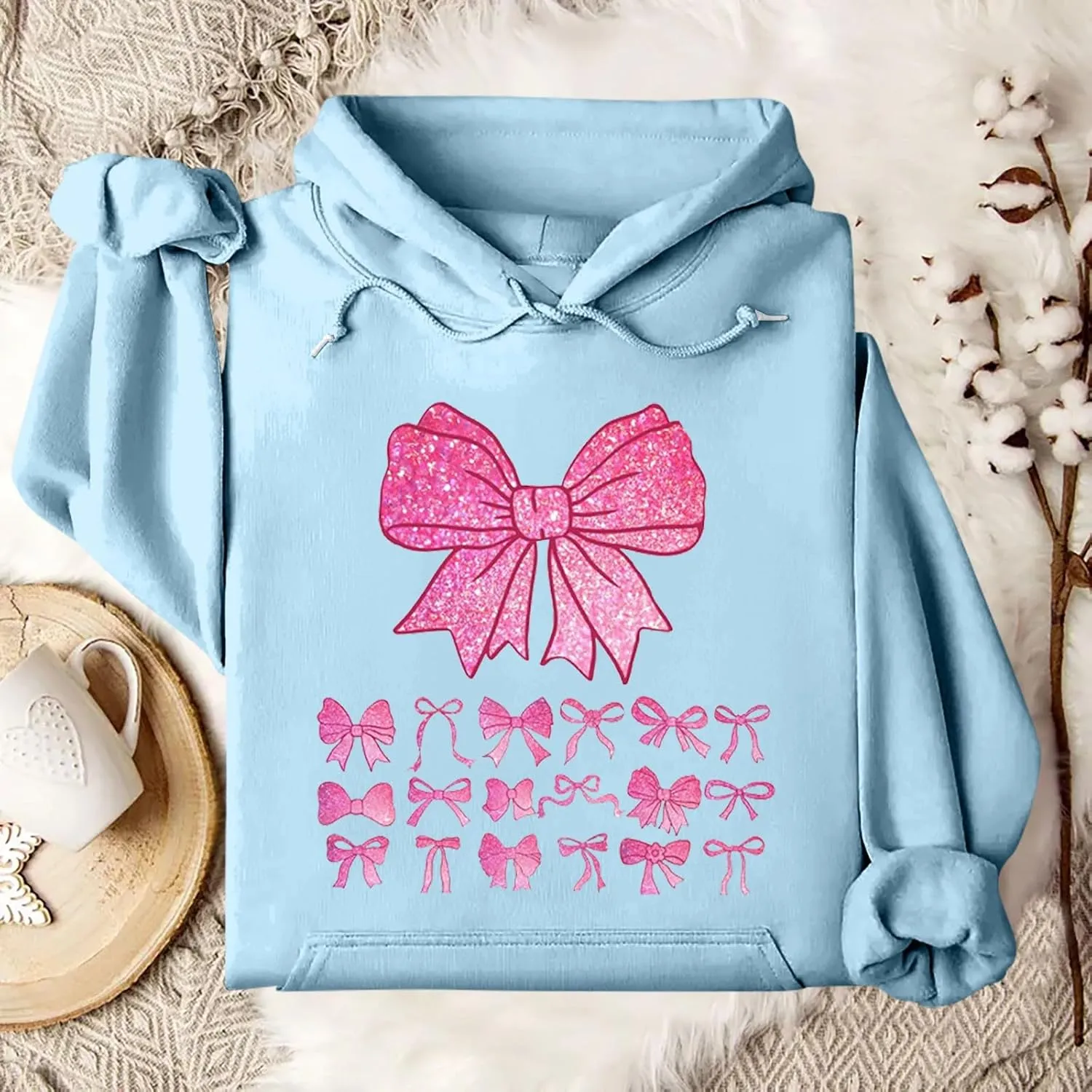Cute Bow Print Hoodie Comfy Preppy clothes Bonney Bow Detail sweatshirt Y2k Comfy Coquette Hoodie