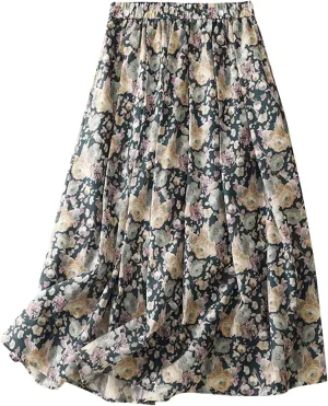 Cute Rose Floral A-Line Skirt for Women Summer Flowy Pleated Midi Skirts Elastic High Waisted Casual Beach Skirt