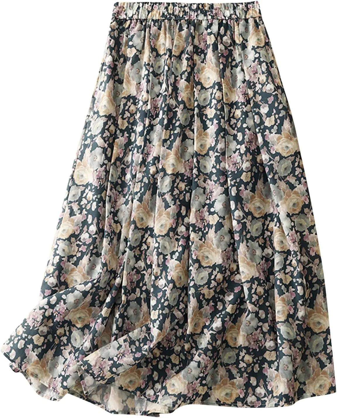 Cute Rose Floral A-Line Skirt for Women Summer Flowy Pleated Midi Skirts Elastic High Waisted Casual Beach Skirt