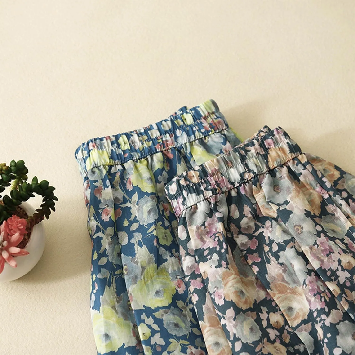 Cute Rose Floral A-Line Skirt for Women Summer Flowy Pleated Midi Skirts Elastic High Waisted Casual Beach Skirt
