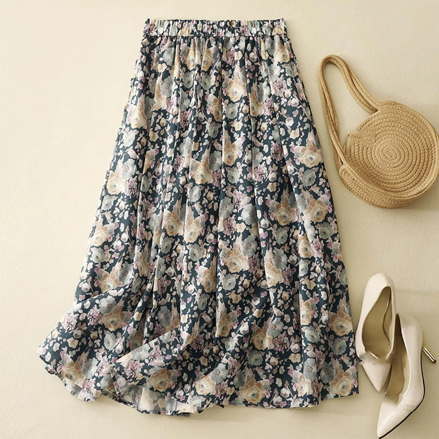 Cute Rose Floral A-Line Skirt for Women Summer Flowy Pleated Midi Skirts Elastic High Waisted Casual Beach Skirt