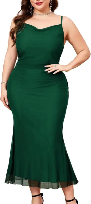 CYCLAMEN Plus Size Mesh Mermaid Dress Ruched Spaghetti Strap Fitted Sleeveless Cami Dresses Cocktail Party Wedding Guest