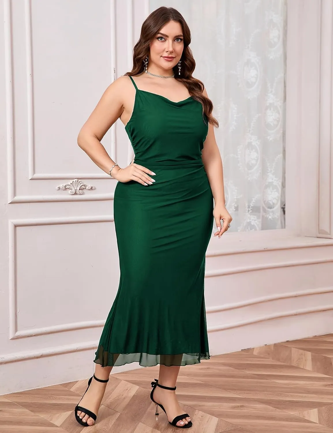 CYCLAMEN Plus Size Mesh Mermaid Dress Ruched Spaghetti Strap Fitted Sleeveless Cami Dresses Cocktail Party Wedding Guest