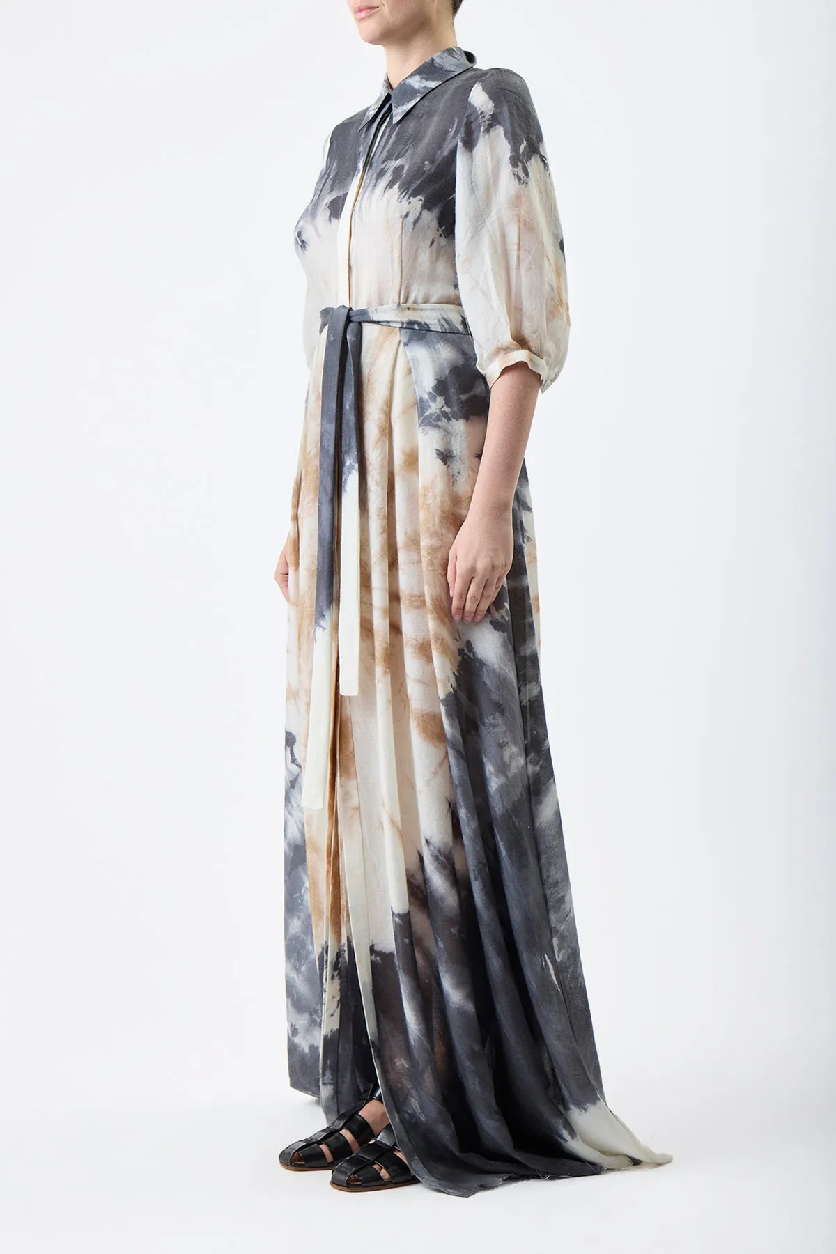 Daisy Pleated Maxi Shirtdress in Camel Multi Tie Dye Cashmere Silk Gauze