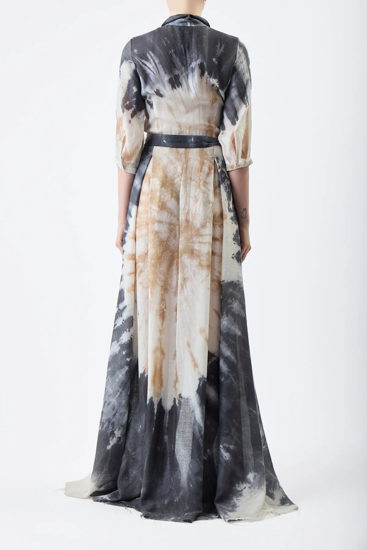Daisy Pleated Maxi Shirtdress in Camel Multi Tie Dye Cashmere Silk Gauze