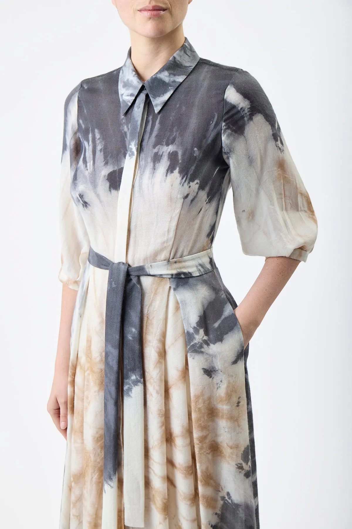 Daisy Pleated Maxi Shirtdress in Camel Multi Tie Dye Cashmere Silk Gauze