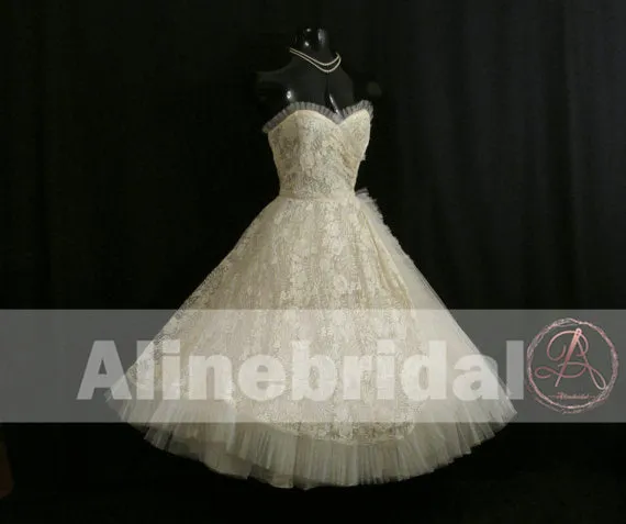 Dark Ivory Lace Sweetheart Strapless Vintage Homecoming Dresses,HD0006