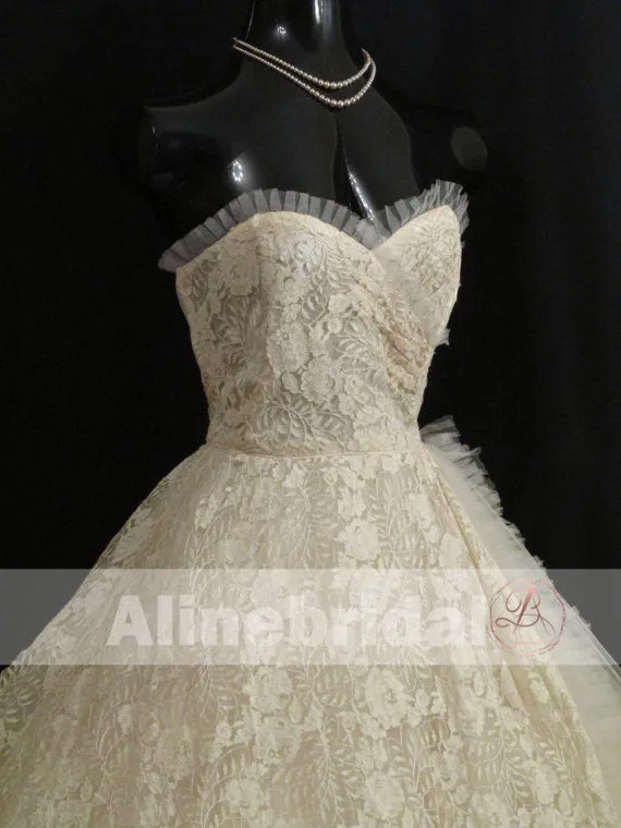 Dark Ivory Lace Sweetheart Strapless Vintage Homecoming Dresses,HD0006