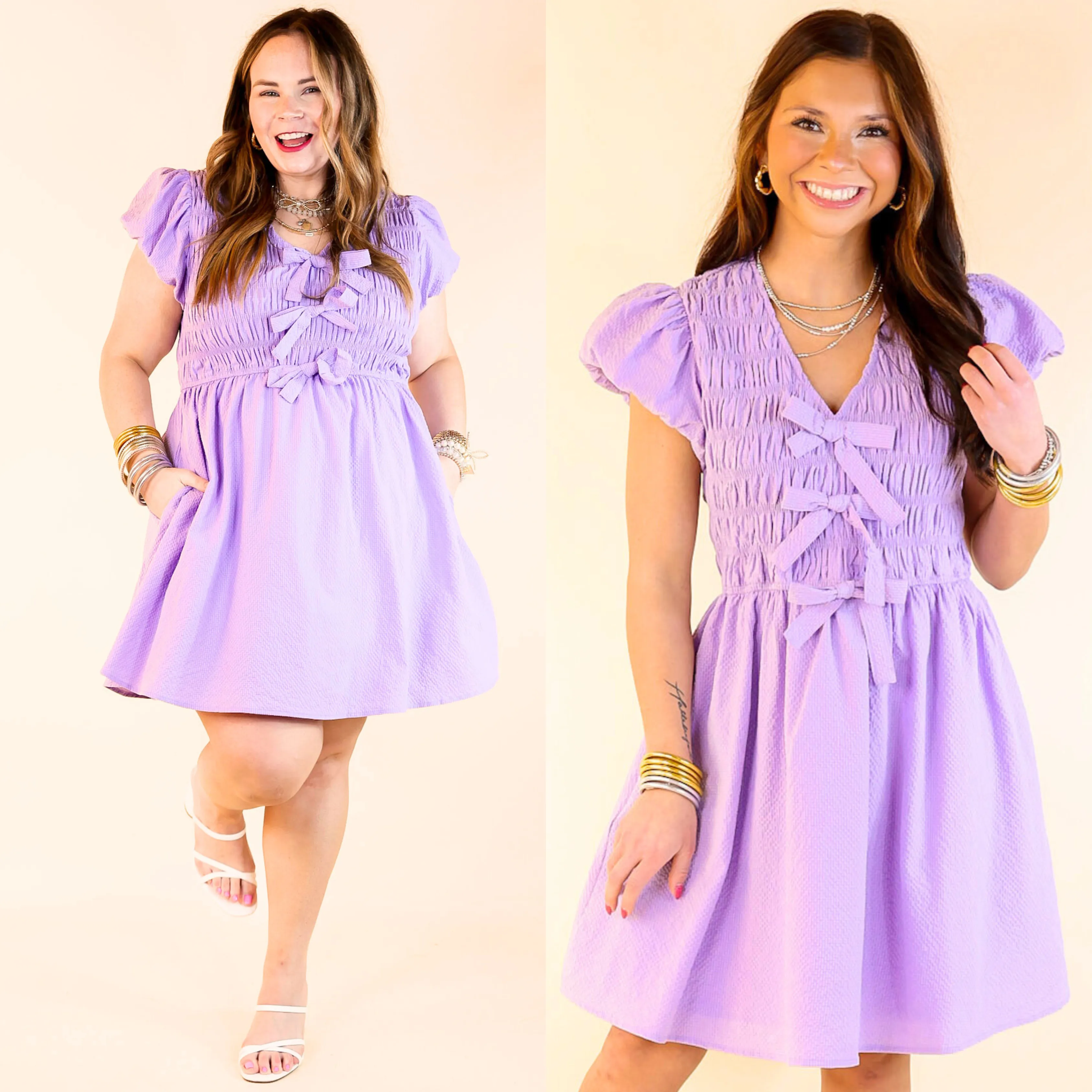 Darling Charm Cap Sleeve Dress with Bows in Lavender Purple