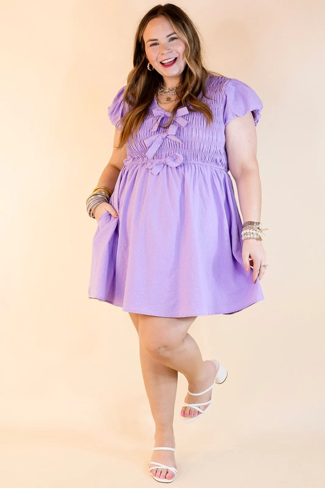 Darling Charm Cap Sleeve Dress with Bows in Lavender Purple