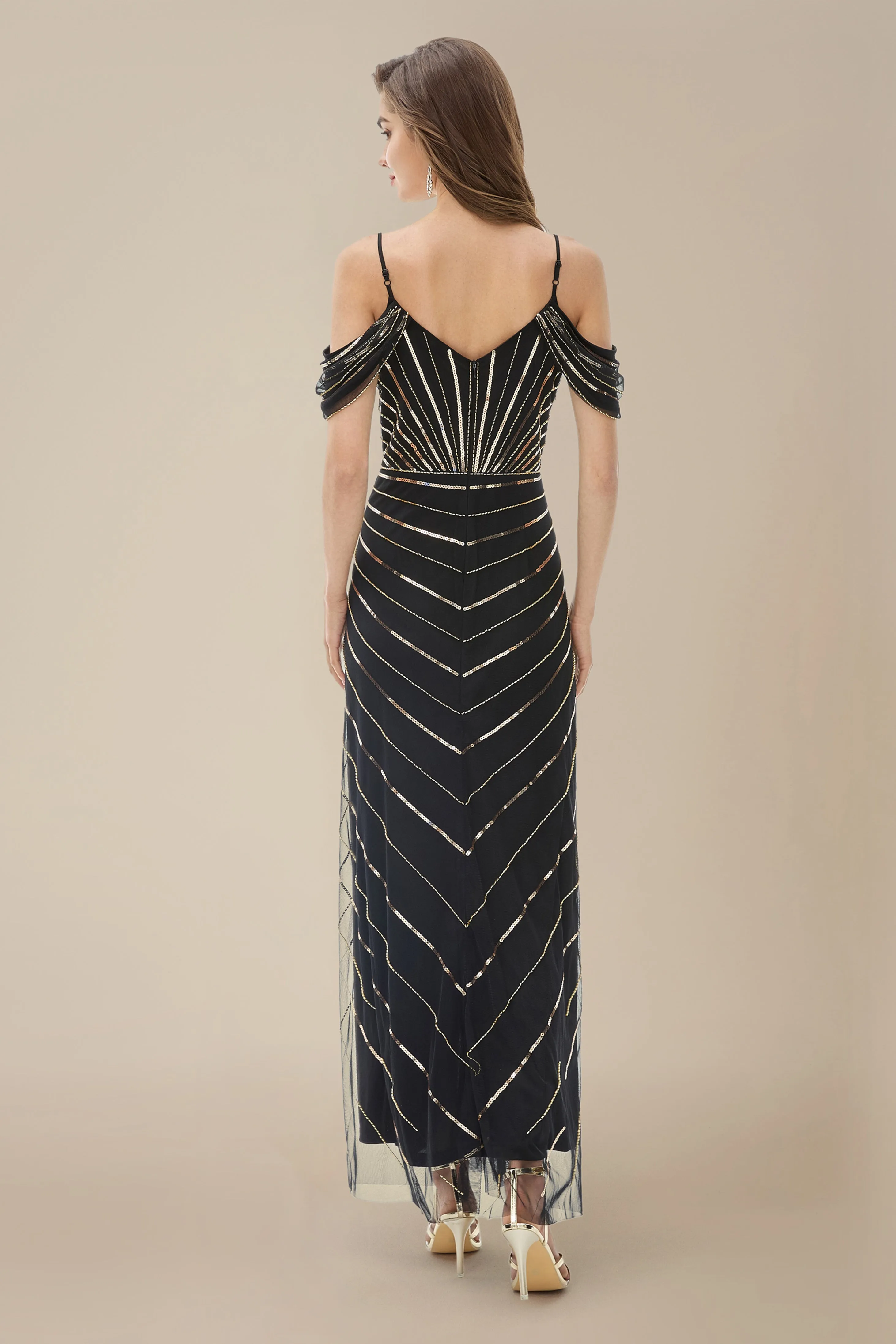 Dazzling Cold-Shoulder Sequin Evening Gown