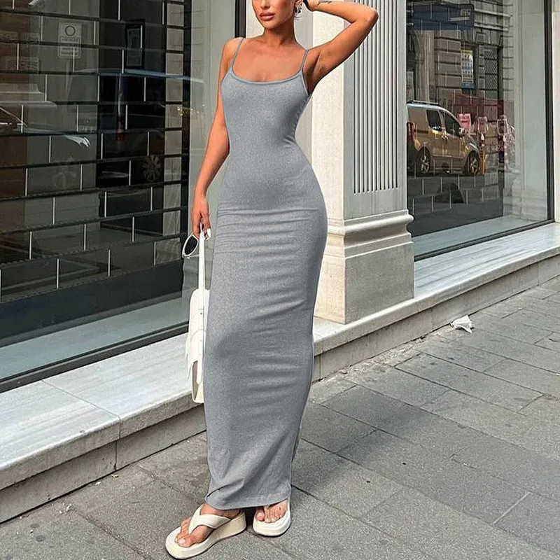 DEANWANGKT Foreign Trade Cross-Border Fashion Solid Color Simple Camisole Long Dress Sexy Low-Cut Backless Slim Fit Sheath Dress