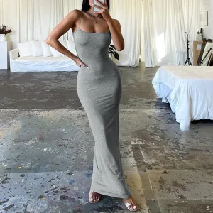 DEANWANGKT Foreign Trade Cross-Border Fashion Solid Color Simple Camisole Long Dress Sexy Low-Cut Backless Slim Fit Sheath Dress