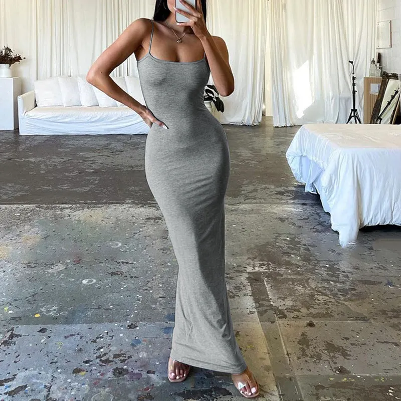 DEANWANGKT Foreign Trade Cross-Border Fashion Solid Color Simple Camisole Long Dress Sexy Low-Cut Backless Slim Fit Sheath Dress