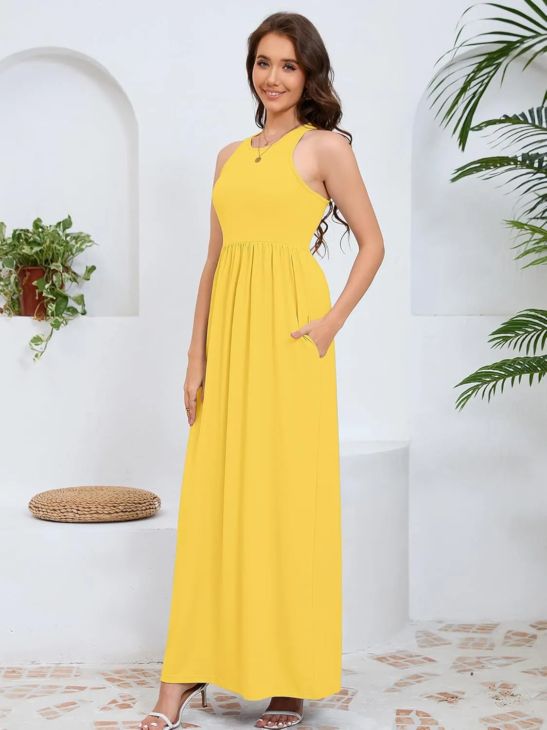 DEARCASE Women's Sleeveless Maxi Dress Casual Plain Loose Summer Vacation Beach Long Dresses with Pockets