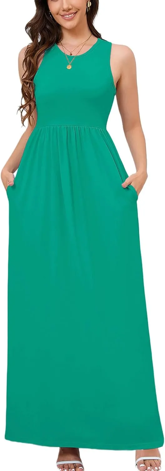 DEARCASE Women's Sleeveless Maxi Dress Casual Plain Loose Summer Vacation Beach Long Dresses with Pockets