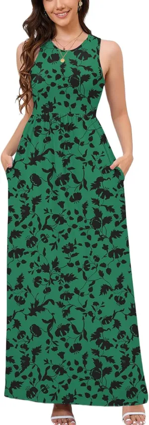DEARCASE Women's Sleeveless Maxi Dress Casual Plain Loose Summer Vacation Beach Long Dresses with Pockets