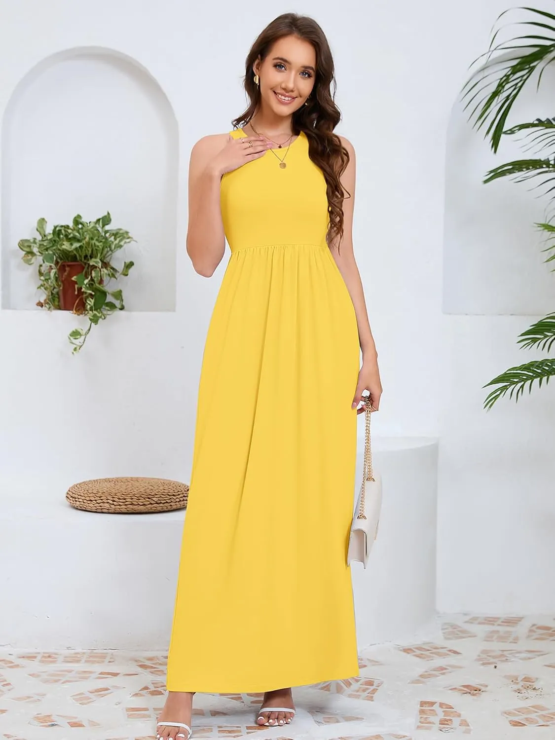 DEARCASE Women's Sleeveless Maxi Dress Casual Plain Loose Summer Vacation Beach Long Dresses with Pockets