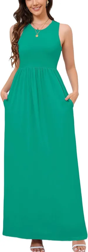 DEARCASE Women's Sleeveless Maxi Dress Casual Plain Loose Summer Vacation Beach Long Dresses with Pockets
