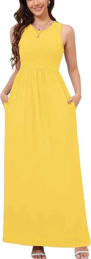 DEARCASE Women's Sleeveless Maxi Dress Casual Plain Loose Summer Vacation Beach Long Dresses with Pockets