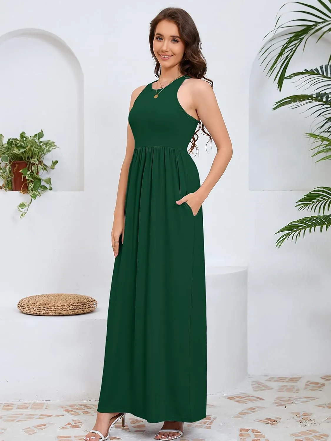 DEARCASE Women's Sleeveless Maxi Dress Casual Plain Loose Summer Vacation Beach Long Dresses with Pockets