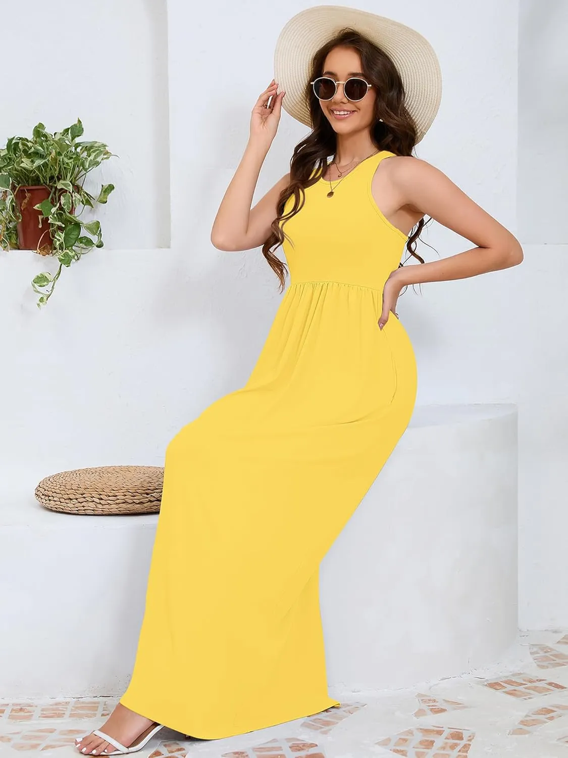 DEARCASE Women's Sleeveless Maxi Dress Casual Plain Loose Summer Vacation Beach Long Dresses with Pockets
