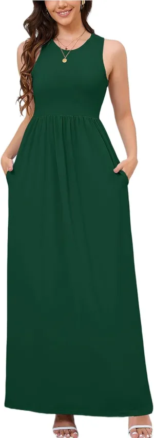 DEARCASE Women's Sleeveless Maxi Dress Casual Plain Loose Summer Vacation Beach Long Dresses with Pockets