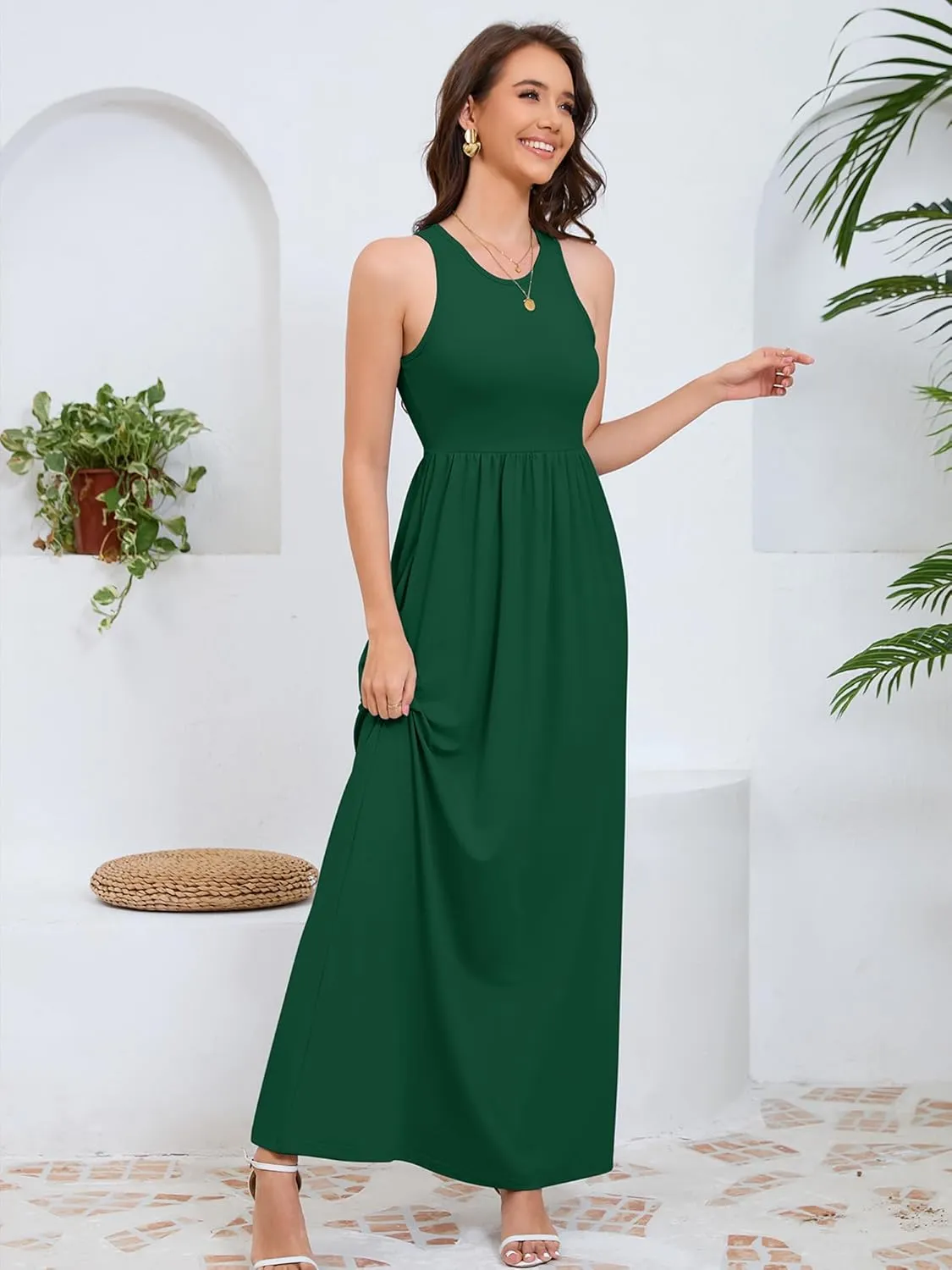 DEARCASE Women's Sleeveless Maxi Dress Casual Plain Loose Summer Vacation Beach Long Dresses with Pockets