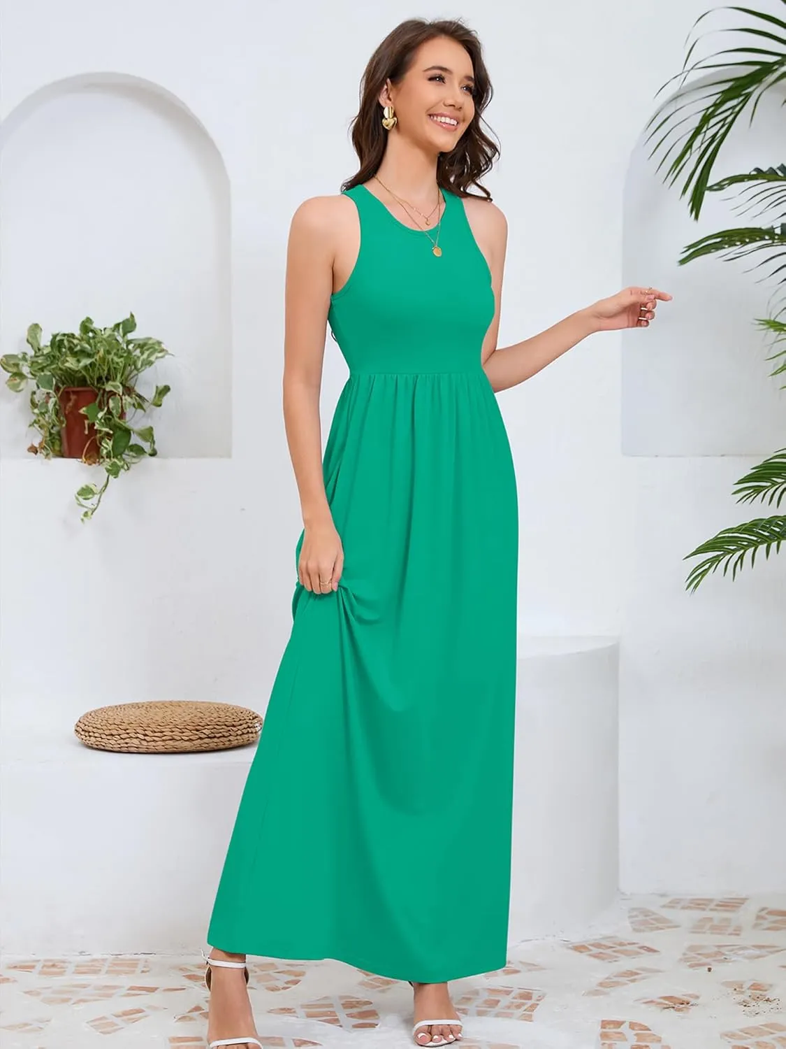 DEARCASE Women's Sleeveless Maxi Dress Casual Plain Loose Summer Vacation Beach Long Dresses with Pockets