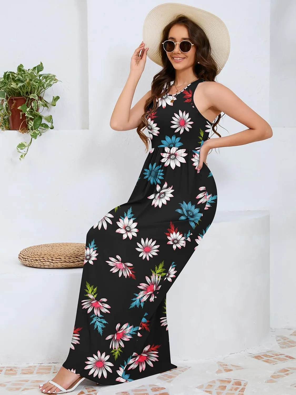 DEARCASE Women's Sleeveless Maxi Dress Casual Plain Loose Summer Vacation Beach Long Dresses with Pockets