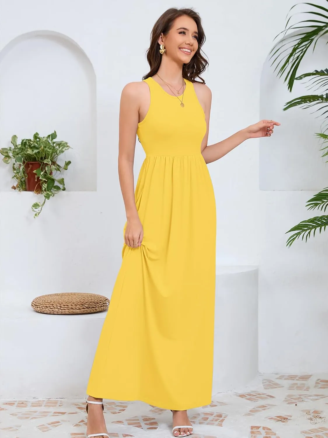 DEARCASE Women's Sleeveless Maxi Dress Casual Plain Loose Summer Vacation Beach Long Dresses with Pockets