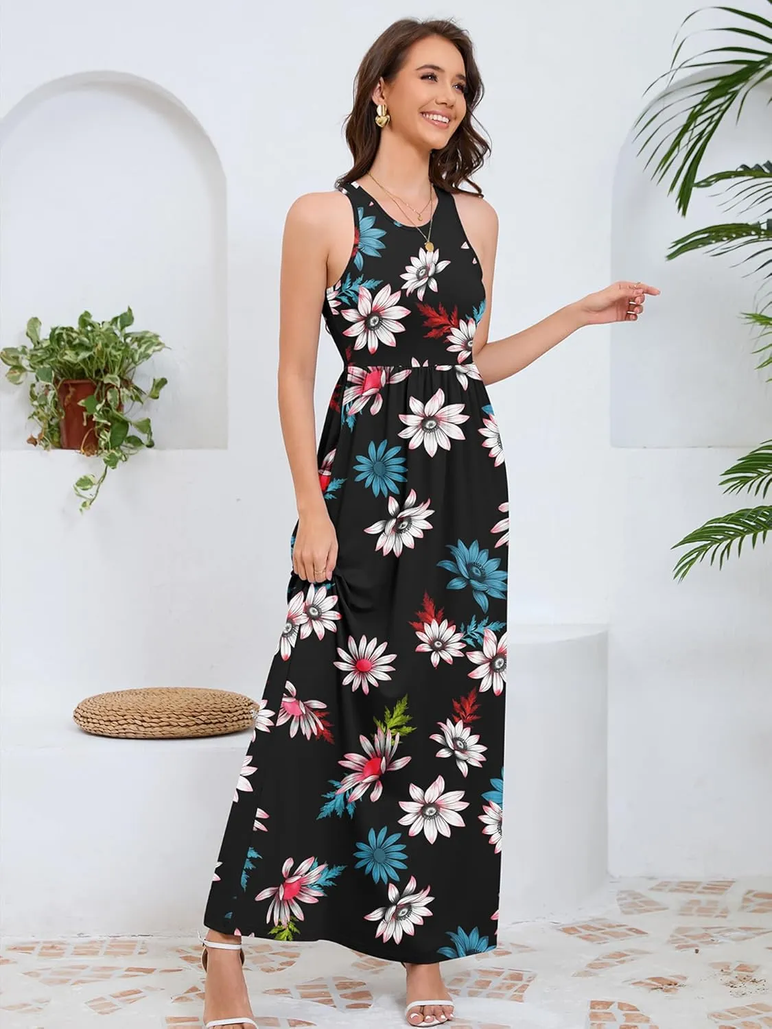 DEARCASE Women's Sleeveless Maxi Dress Casual Plain Loose Summer Vacation Beach Long Dresses with Pockets