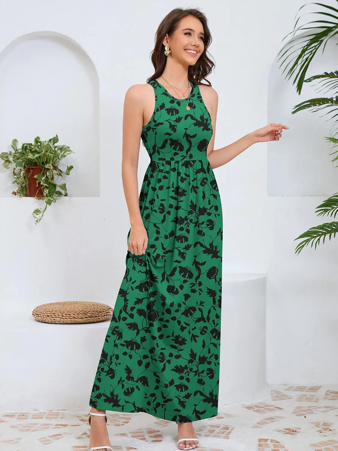 DEARCASE Women's Sleeveless Maxi Dress Casual Plain Loose Summer Vacation Beach Long Dresses with Pockets
