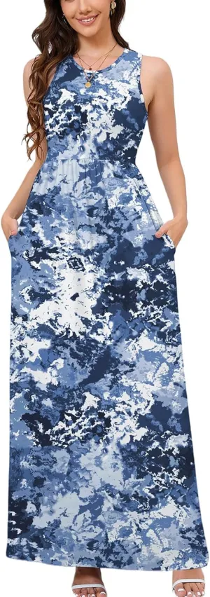 DEARCASE Women's Sleeveless Maxi Dress Casual Plain Loose Summer Vacation Beach Long Dresses with Pockets