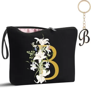 Decorative B Floral Letters Personalized Makeup Bag Bride Bridesmaid Cosmetic Bag Gifts Washable Zippers (Black)