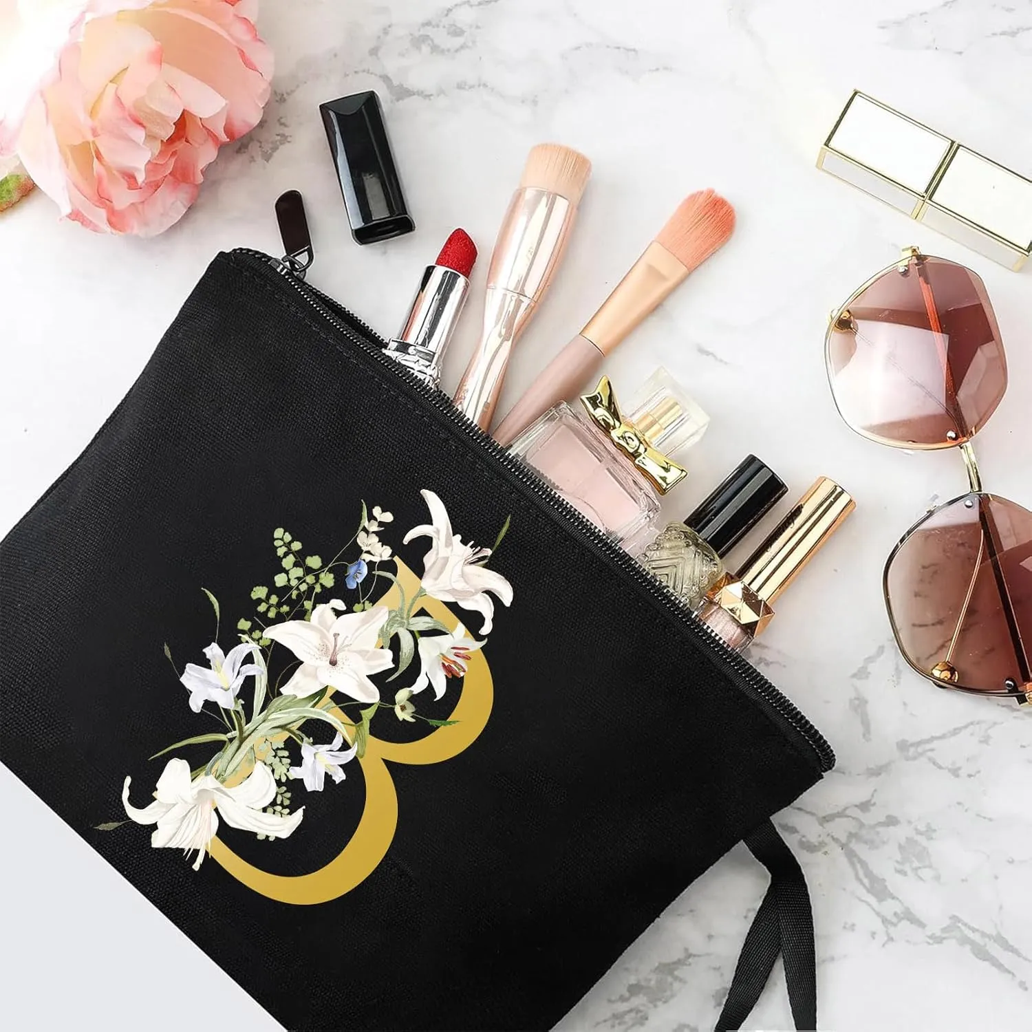 Decorative B Floral Letters Personalized Makeup Bag Bride Bridesmaid Cosmetic Bag Gifts Washable Zippers (Black)