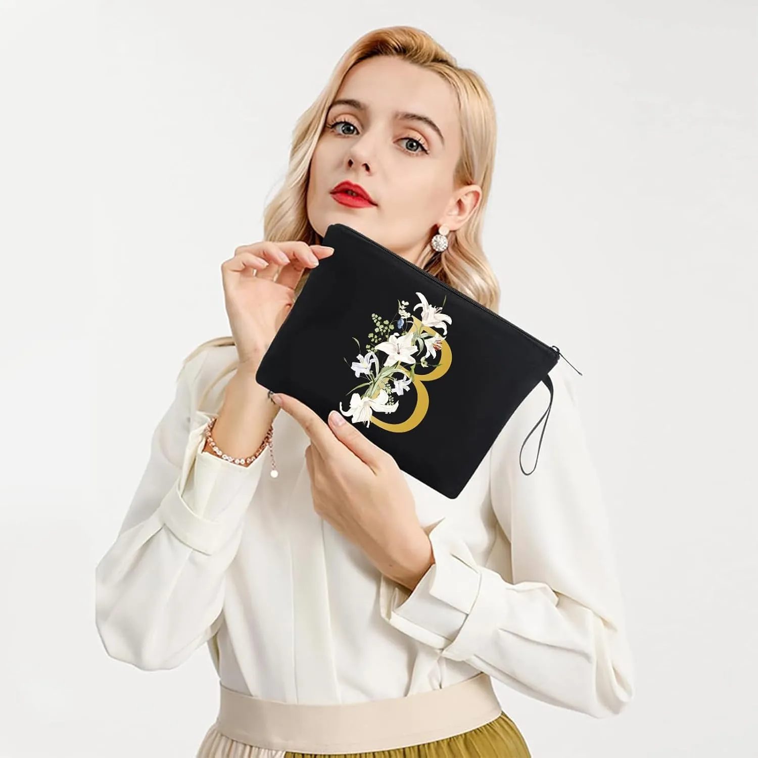 Decorative B Floral Letters Personalized Makeup Bag Bride Bridesmaid Cosmetic Bag Gifts Washable Zippers (Black)