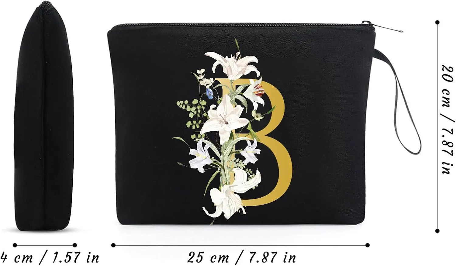 Decorative B Floral Letters Personalized Makeup Bag Bride Bridesmaid Cosmetic Bag Gifts Washable Zippers (Black)