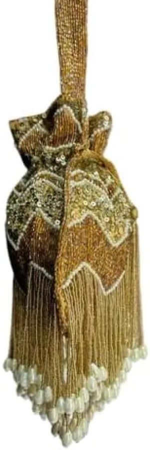 Decorative Beaded Indian Wedding Bag  Gold Embroidered Bridal Potli Purse with Tassels | Handmade Evening Handbag for Women