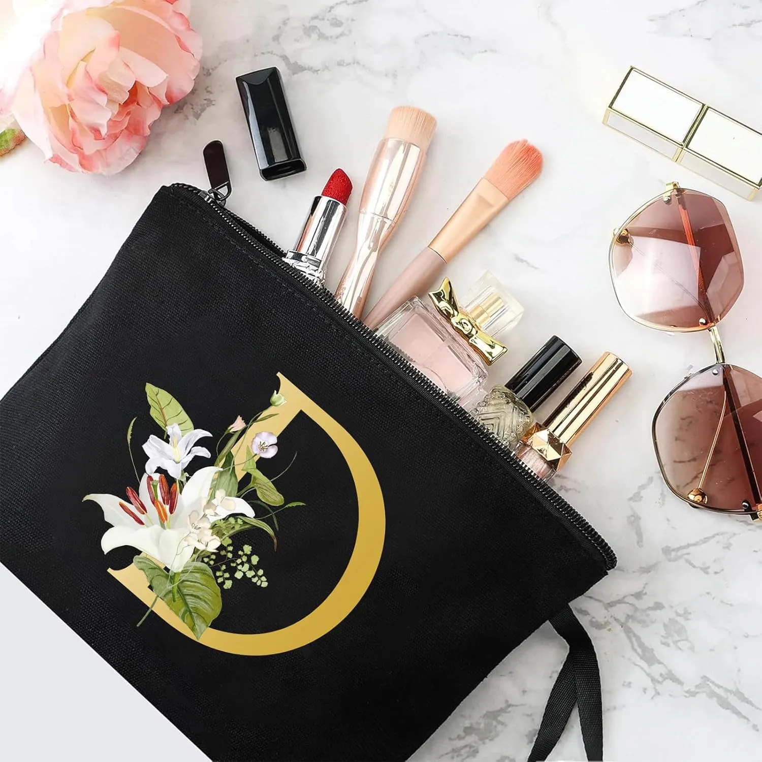Decorative D Floral Letters Personalized Makeup Bag Bride Bridesmaid Cosmetic Bag Gifts Washable Zippers (Black)