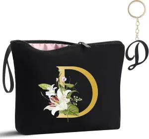 Decorative D Floral Letters Personalized Makeup Bag Bride Bridesmaid Cosmetic Bag Gifts Washable Zippers (Black)