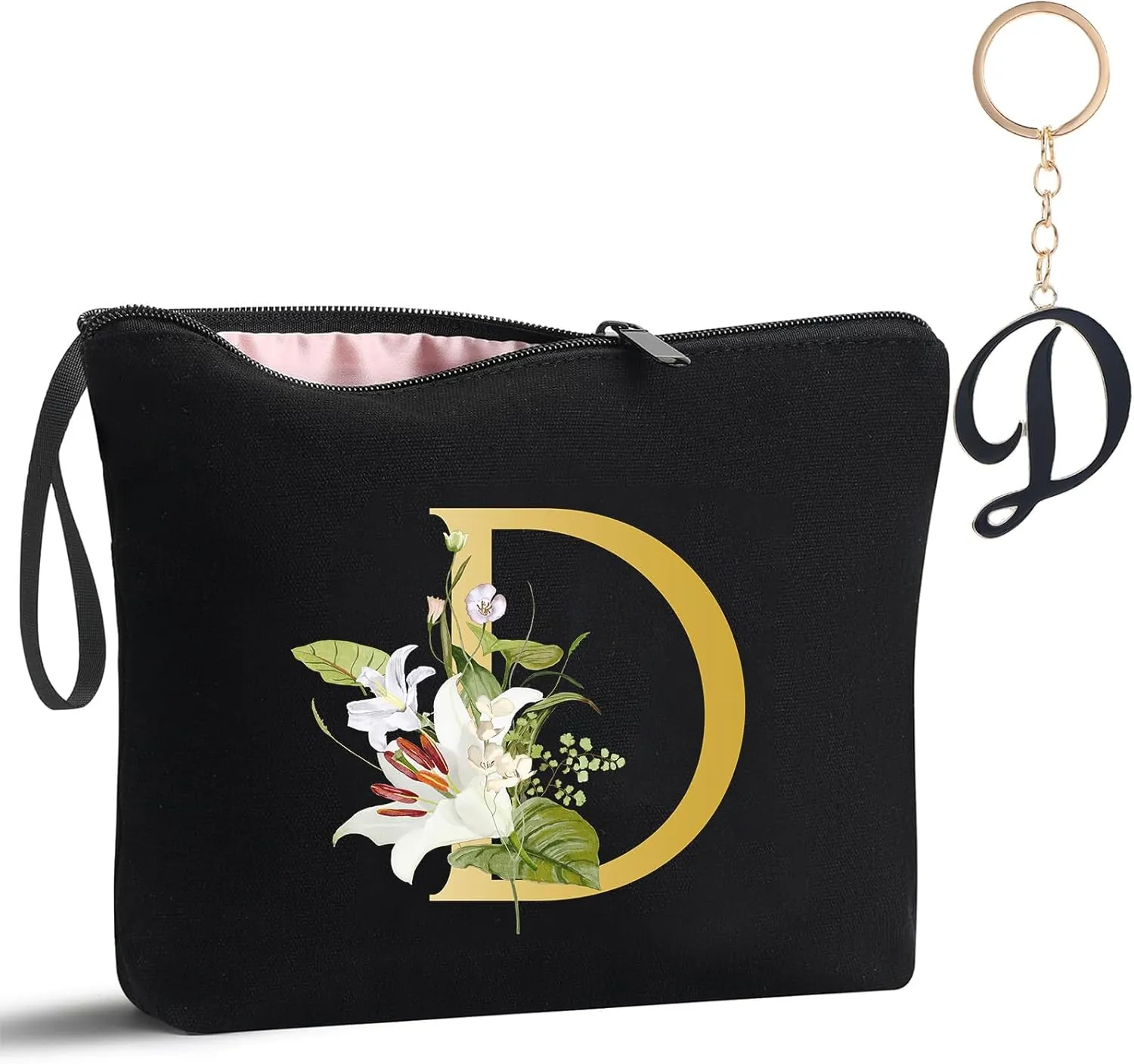 Decorative D Floral Letters Personalized Makeup Bag Bride Bridesmaid Cosmetic Bag Gifts Washable Zippers (Black)