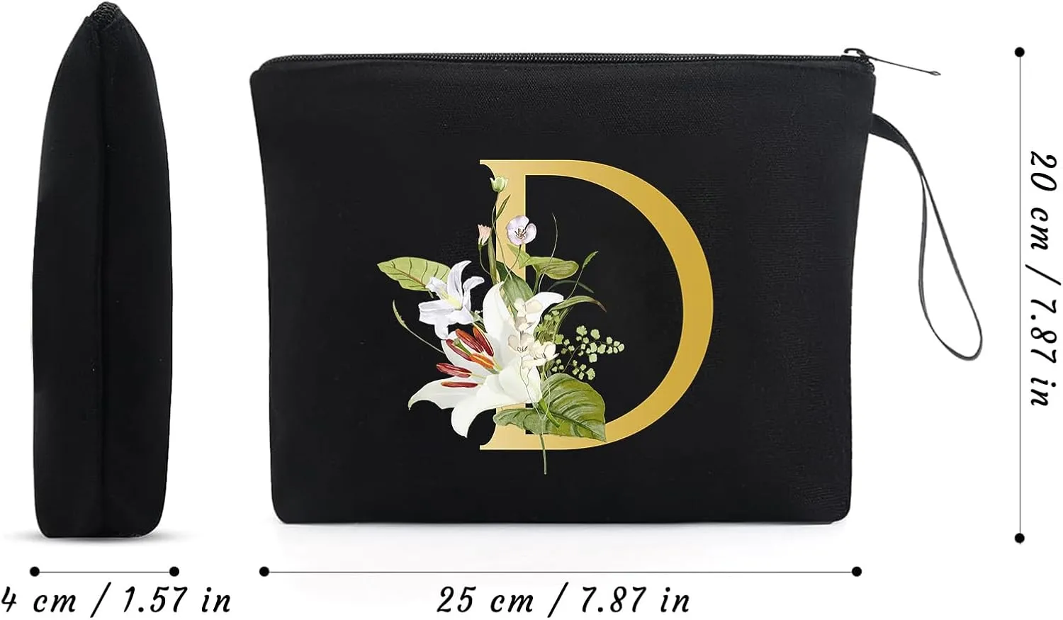 Decorative D Floral Letters Personalized Makeup Bag Bride Bridesmaid Cosmetic Bag Gifts Washable Zippers (Black)