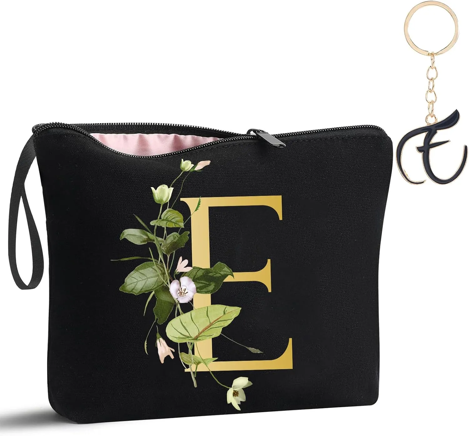 Decorative E Floral Letters Personalized Makeup Bag Bride Bridesmaid Cosmetic Bag Gifts Washable Zippers (Black)