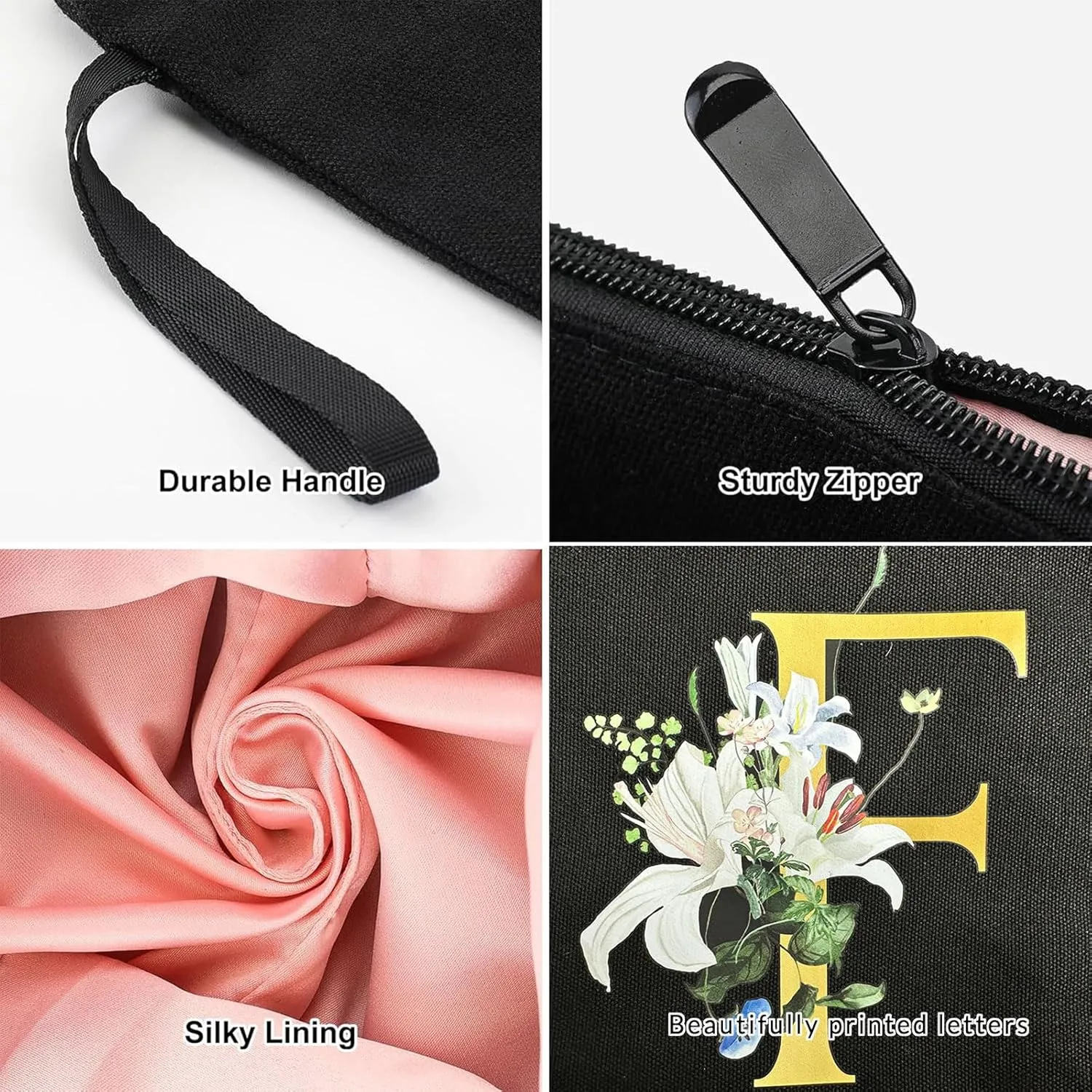 Decorative E Floral Letters Personalized Makeup Bag Bride Bridesmaid Cosmetic Bag Gifts Washable Zippers (Black)