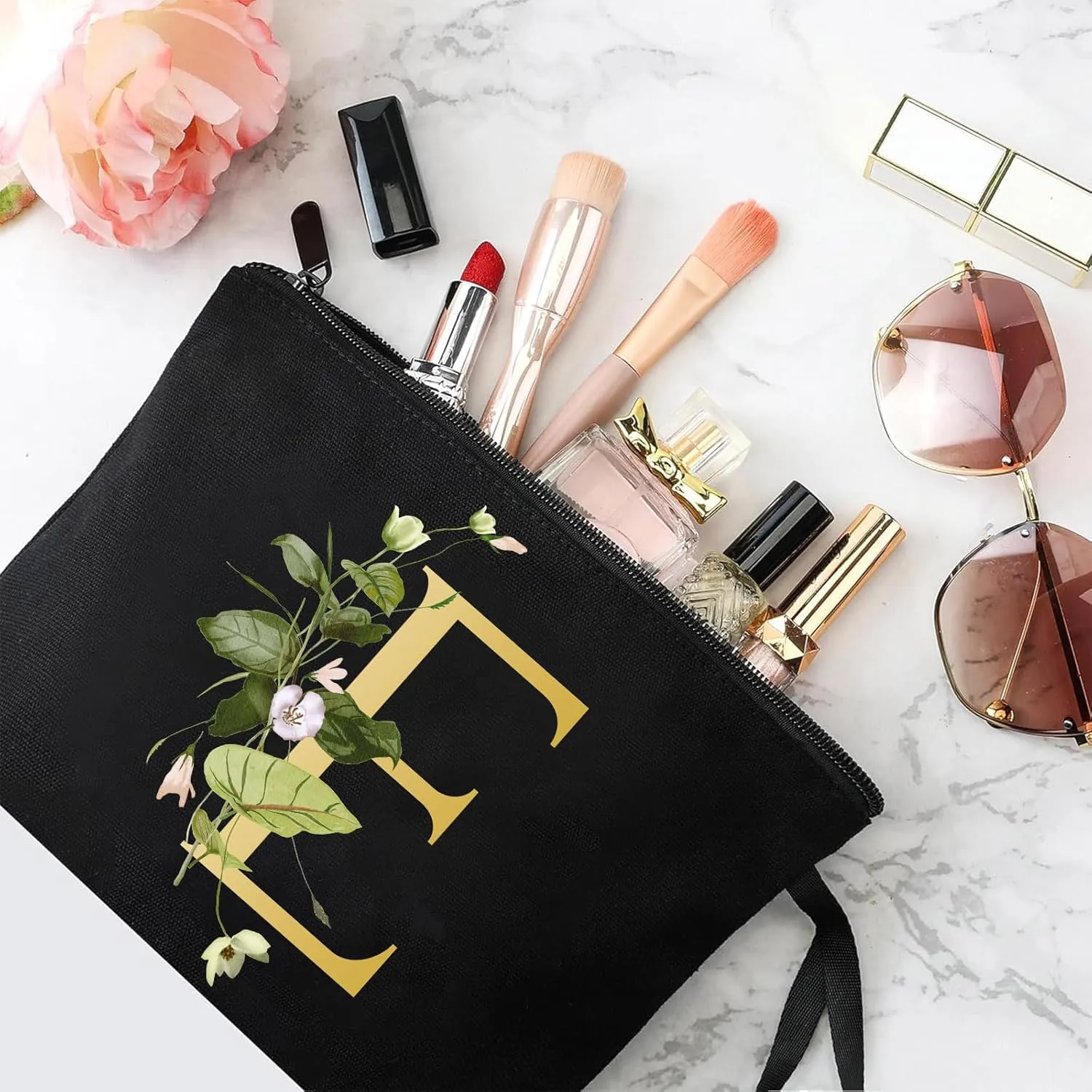 Decorative E Floral Letters Personalized Makeup Bag Bride Bridesmaid Cosmetic Bag Gifts Washable Zippers (Black)