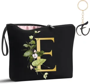 Decorative E Floral Letters Personalized Makeup Bag Bride Bridesmaid Cosmetic Bag Gifts Washable Zippers (Black)