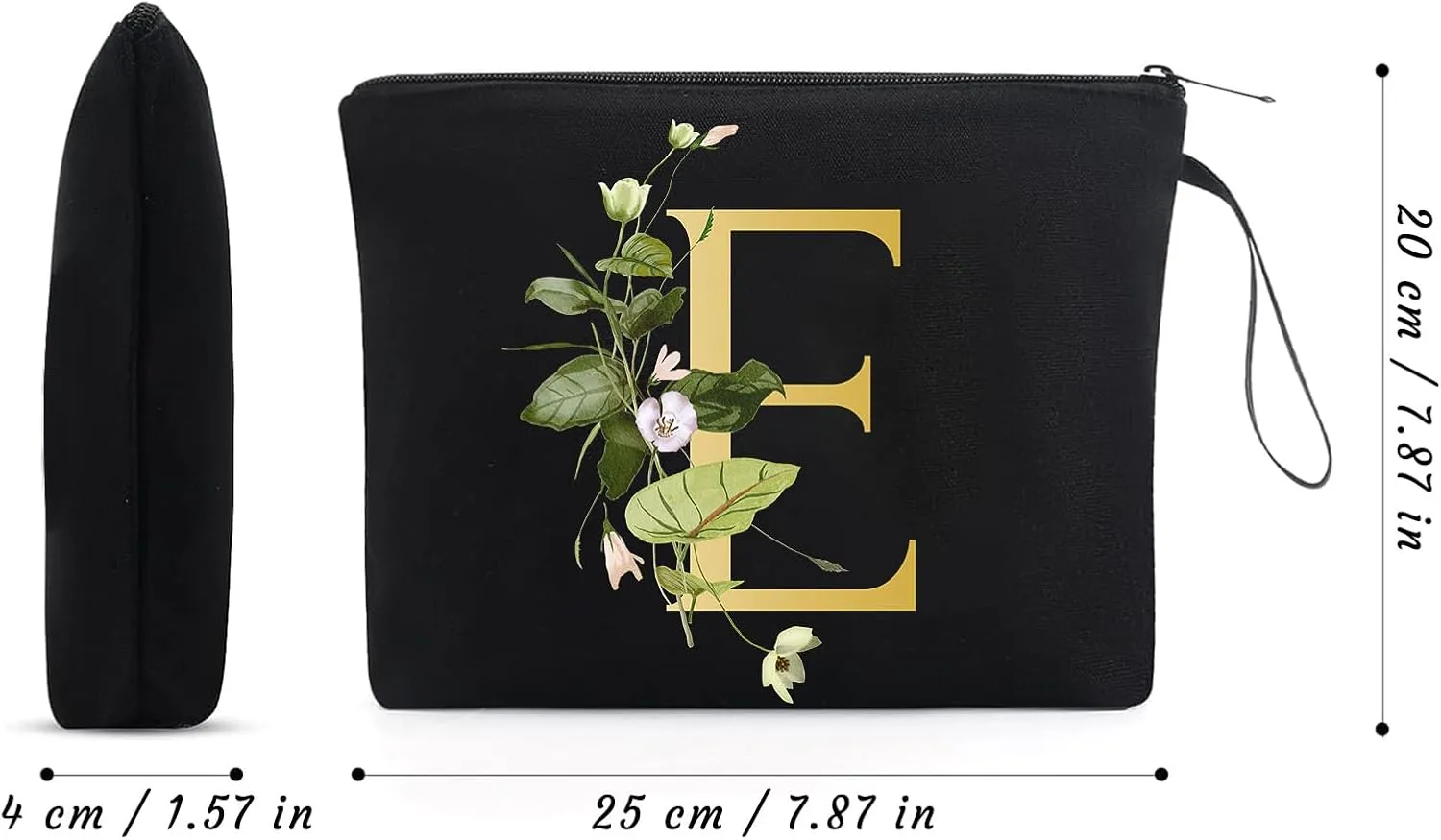 Decorative E Floral Letters Personalized Makeup Bag Bride Bridesmaid Cosmetic Bag Gifts Washable Zippers (Black)