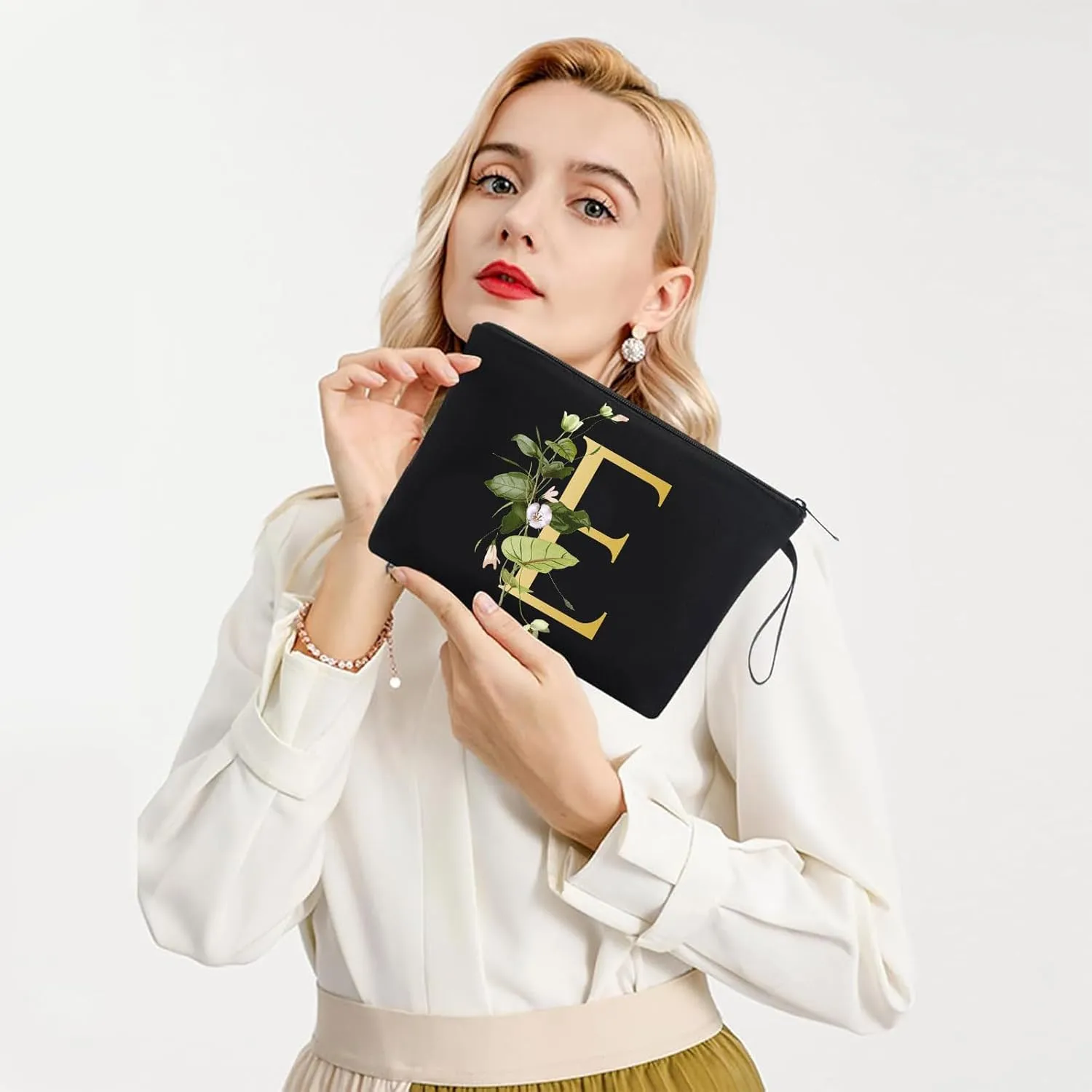 Decorative E Floral Letters Personalized Makeup Bag Bride Bridesmaid Cosmetic Bag Gifts Washable Zippers (Black)