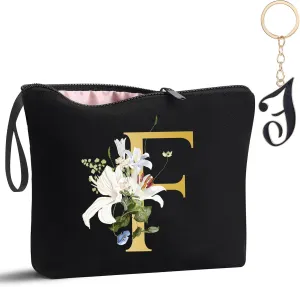 Decorative F Floral Letters Personalized Makeup Bag Bride Bridesmaid Cosmetic Bag Gifts Washable Zippers (Black)